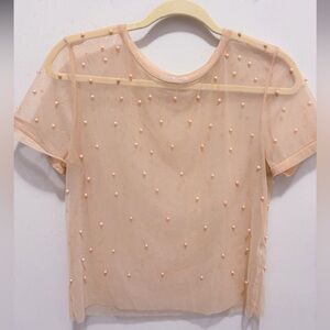 Zara Nude Sheer Blouse with Pearl Details